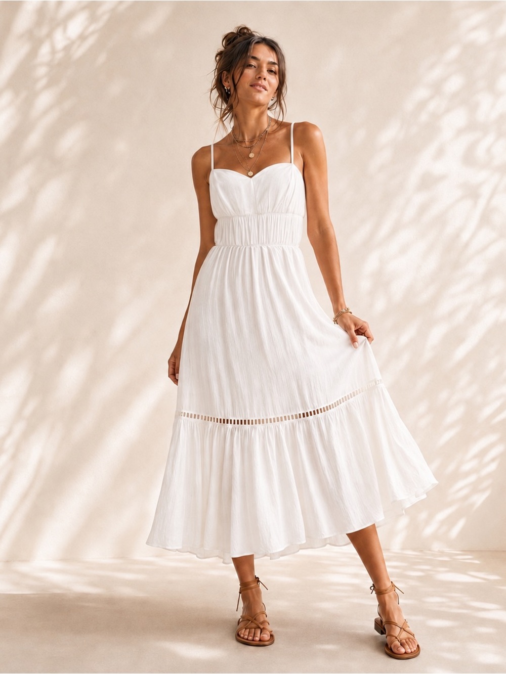 $129 Adrianna Papell Women's White Sweetheart-Neck Sleeveless Midi Dress Size 8